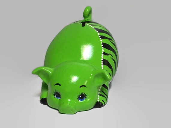 Ceramic Piggy Bank - Lime Green - Zebra Stripes - Jungle Theme - Fashionista