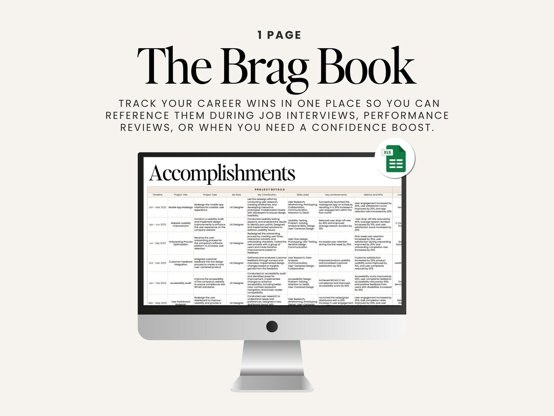 Accomplishments Tracker | 1 Page | the Brag Book | Google Sheets ...