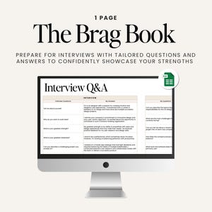 Op de afbeelding: Een computerscherm dat een werkblad toont met de titel "Interview Q&A" met een lijst met veelvoorkomende interviewvragen en voorgestelde antwoorden. Het werkblad maakt deel uit van een digitaal product genaamd "The Brag Book" dat gebruikers helpt zich voor te bereiden op sollicitatiegesprekken.