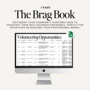 Volunteering Tracker | 1 Page | Brag Book Spreadsheet | Google Sheets | Career Professional Growth Planner