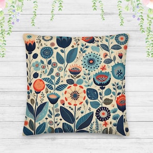 Scandinavian Folk Art Pillow, Nordic Style Floral Cushion, Mid Century Modern Design, Retro Boho Cottage Decor