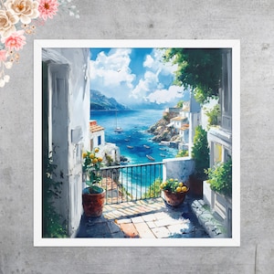 Amalfi Coast Print: Positano Painting, Italian Seascape Framed Art for Living Room, Coastal Grandmother Decor