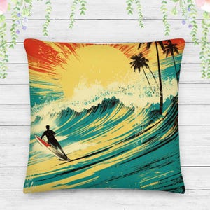 Retro Surf Pillow, Coastal Decor for Beach House, Vintage Sunset Wave Art Cushion, Unique Graphic Art Gift for Him