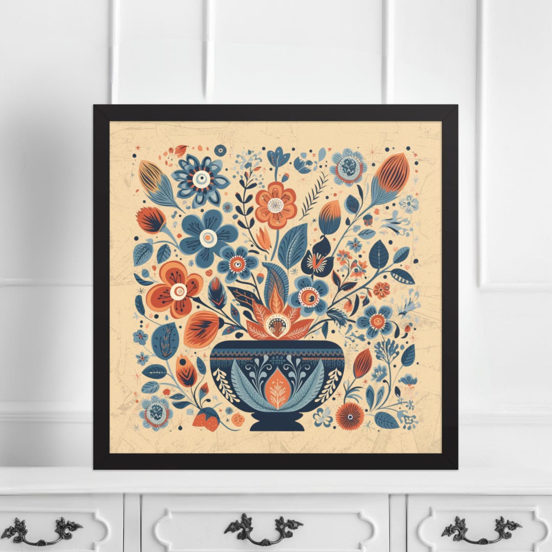 Scandinavian Folk Floral Wall Art, Nordic Style Print, Retro Boho Mid ...