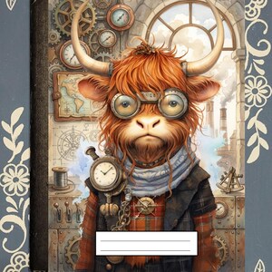 Könnte beinhalten: Ein Notizbuch mit einer Illustration eines Highland-Rinds im Steampunk-Stil. Das Rind trägt eine Brille, einen Schal und eine karierte Jacke, vor einem Hintergrund aus Zahnrädern, Uhren und industriellen Elementen. Der Einband hat ein leeres weißes Rechteck.
