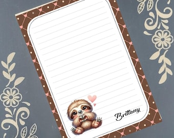 Personalized Sloth Lover, Valentine's Day, Heart, Notepad Stationery
