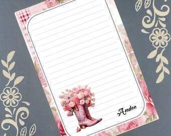 Personalized Cowboy Boots, Pink, Flowers, Cowgirl, Notepad Stationery