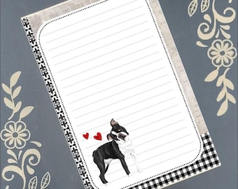 Boston Terrier, black and white with red hearts, personalize, Notepad