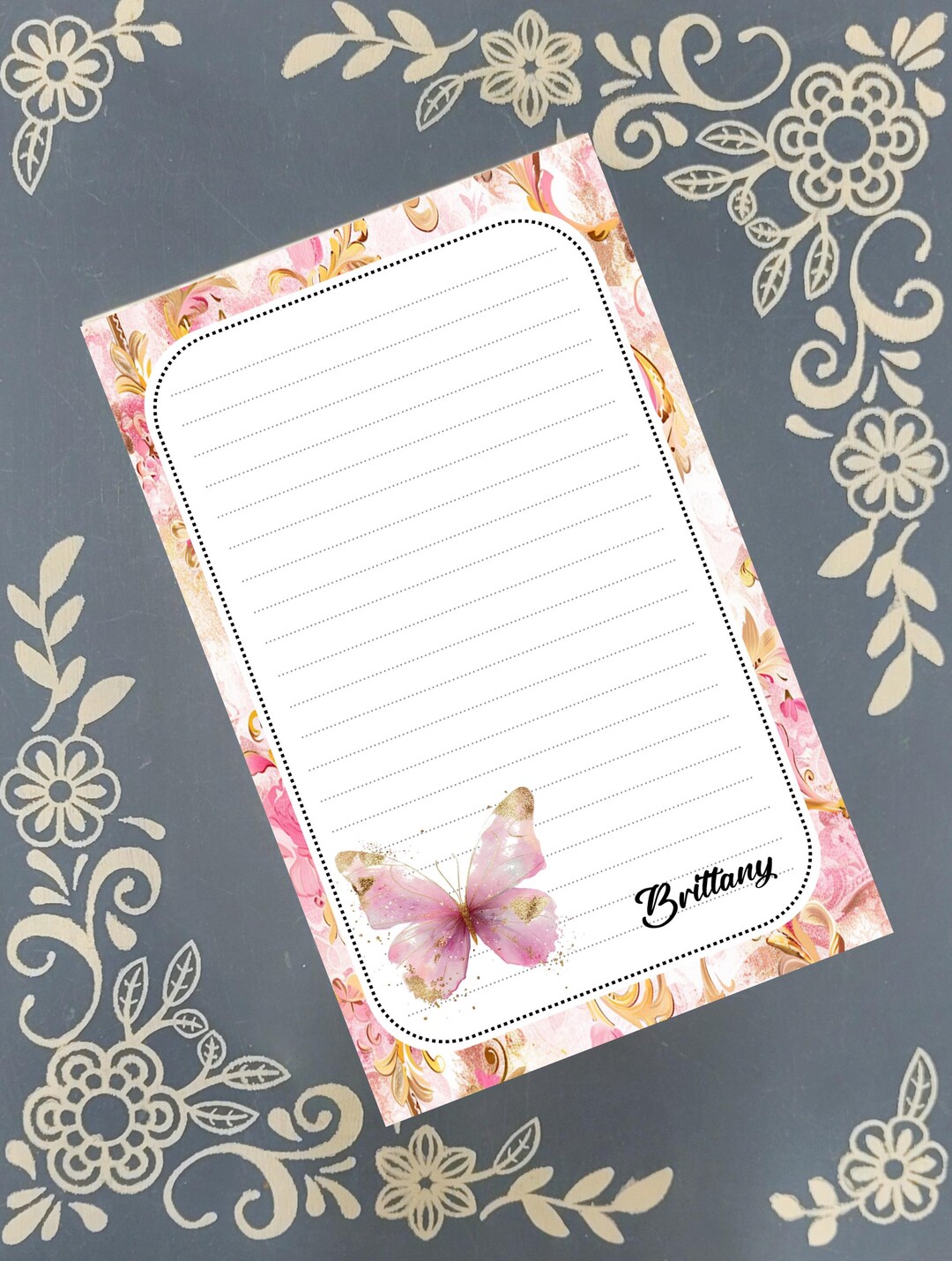 Personalized Butterfly Floral, Pink and Gold, Notepad Stationery - Etsy