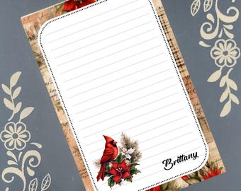 Personalized Cardinal on a Poinsettia, Christmas, Winter, Holiday, Notepad Stationery