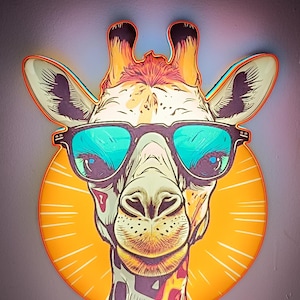 Puede incluir: Una lámpara de pared con forma de jirafa caprichosa con un diseño vibrante. La jirafa lleva gafas de sol turquesas y está sobre un sol naranja. La luz tiene un cuello colorido con dibujos y un brillo cálido y acogedor.
