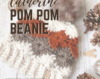 Catherine Pom Pom Beanie, Crochet Pattern, PDF INSTANT DOWNLOAD, Women's winter hat, Teens winter hat, crochet hat pattern, chunky yarn