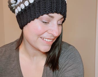 Hand-Stitched Granny Square Crochet Beanie: Navy, Gray, and White