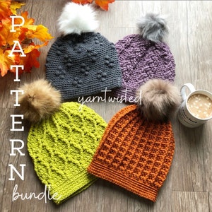 Crochet Pattern BUNDLE: Women's Crochet Hat with Faux Fur Pom Pom, Modern Crochet Pattern, Trendy Crochet Patterns, Winter Crochet 2023