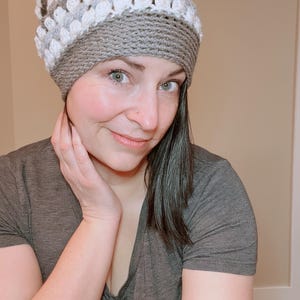 Hand-Crocheted Granny Square Beanie: White, Navy & Gray Winter Hat