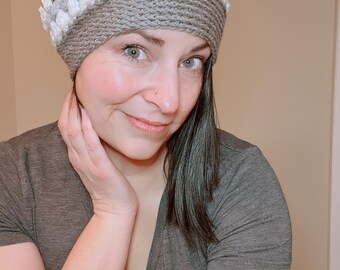 Hand-Crocheted Granny Square Beanie: White, Navy & Gray Winter Hat