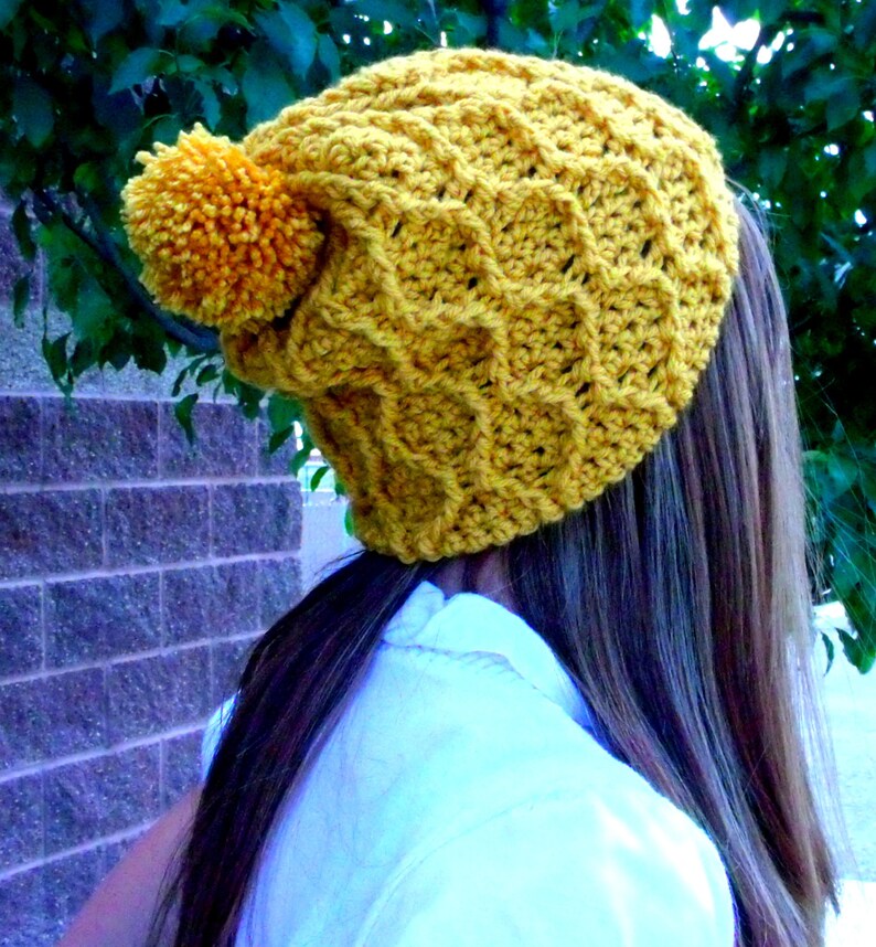 Crochet PATTERN PDF, Honeycomb Cabled Slouchy Pom Pom Crocheted Hat ...