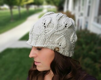 Knitting Pattern PDF - Climbing Leaves Cabled Knit Hat with Buttons, Women's Hat knitting, Teen hat , boho knitting, instant download