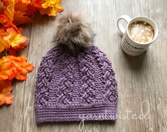 The Purple Cabled Beanie- CROCHET PATTERN PDF, digital download, Winter women's crochet beanie, faux fur pom pom hat, crochet diy