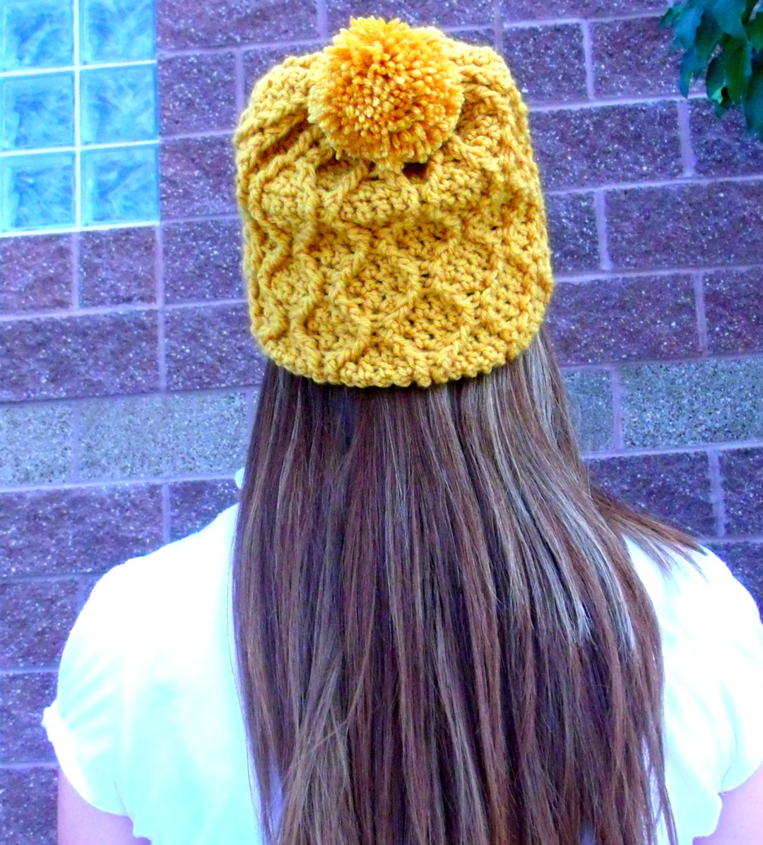 Crochet PATTERN PDF, Honeycomb Cabled Slouchy Pom Pom Crocheted Hat ...
