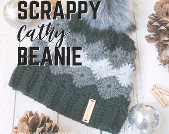 Scrappy Cathy Crocheted Pom Pom Beanie, Crochet Pattern, PDF INSTANT DOWNLOAD, Women's winter hat, Teens winter hat, crochet hat pattern