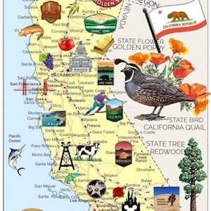 May include: A detailed map of California, featuring cities, landmarks, and state symbols. The map includes the state flag, flower (golden poppy), bird (California quail), and tree (redwood). The text "CALIFORNIA" is prominently displayed at the top.