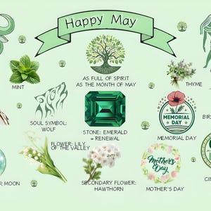 May include: A light green graphic with the text "Happy May" and illustrations of zodiac signs, flowers, and holidays. Includes a green emerald, a hummingbird, and the text "Memorial Day" and "Mother's Day".