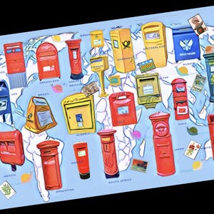May include: A colorful illustration of a world map featuring various international mailboxes. The mailboxes are in different shapes, sizes, and colors, including red, yellow, and blue. The map includes country names like Canada, USA, and Japan.