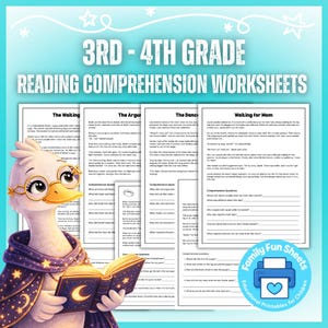 May include: Reading comprehension worksheets for 3rd and 4th grade students. The worksheets feature stories with comprehension questions. An illustration of a cartoon duck wearing glasses and a cape is holding a book. The text on the image says "Family Fun Sheets".