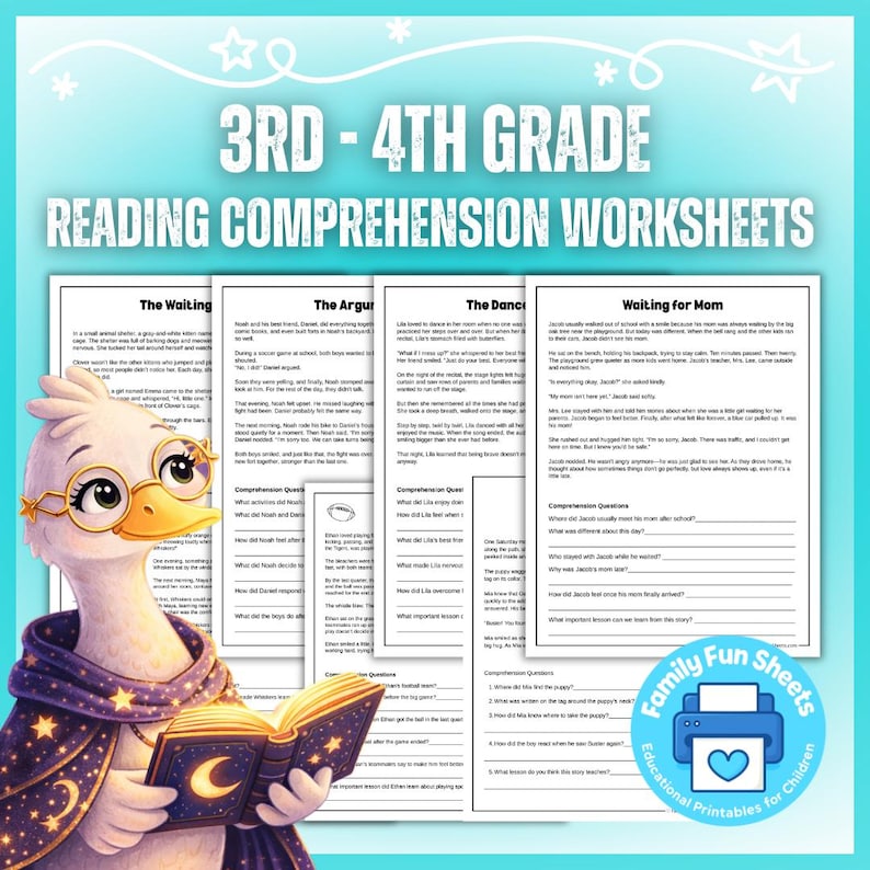 May include: Reading comprehension worksheets for 3rd and 4th grade students. The worksheets feature stories with comprehension questions. An illustration of a cartoon duck wearing glasses and a cape is holding a book. The text on the image says "Family Fun Sheets".