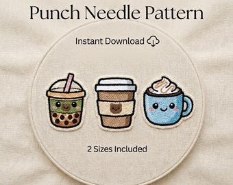 Kawaii Drink Punch Needle Pattern Set, Bubble Tea Coffee Mug Template (PDF Download)