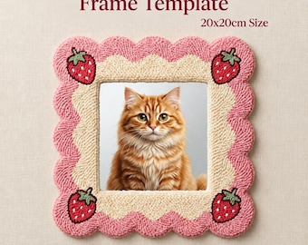 Strawberry Punch Needle Frame, Cute Tufted Photo Frame 20x20 cm, Kawaii Room Decor, Aesthetic Coaster Border, Handmade Gift for Her