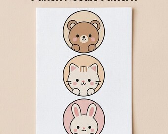 Animal Punch Needle Pattern PDF, Kawaii Bear Bunny Cat Embroidery Design, DIY Nursery Wall Art, Free Beginner Punch Tutorial Included