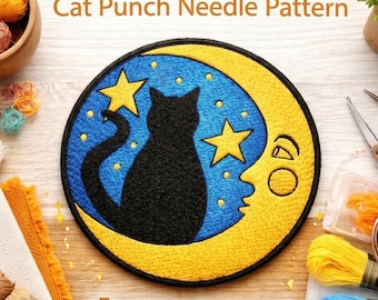 Moon Cat Punch Needle Pattern, Beginner Embroidery Template (Digital Download)