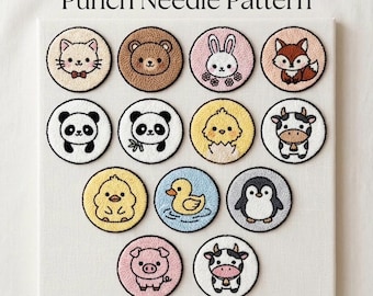 Cute Animal Punch Needle Pattern PDF, Kawaii Mug Rug Coaster Design, Easy Embroidery Tutorial for Beginners, Digital Download Punch Template