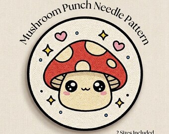 Cute Mushroom Punch Needle Pattern, Coaster Template, Kawaii Mushroom Rug Design, DIY Punch Needle PDF, Instant Download, 2 Sizes