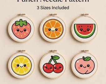 Kawaii Fruit Punch Needle Pattern Bundle, 6 Designs, 3 Sizes (PDF Download)