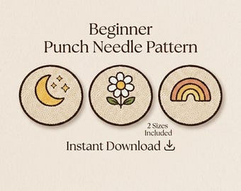 Minimal Punch Needle Coaster Patterns, Moon Daisy Rainbow Set, 3 Round Designs, Cute Aesthetic, Beginner Friendly, Instant Download
