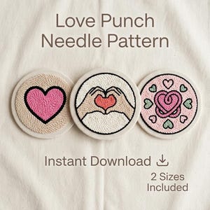 Puede incluir: Tres patrones circulares de bordado con diseños de corazón. Los patrones incluyen un corazón rosa, manos formando un corazón y un corazón con acentos florales. También se ve el texto "Love Punch Needle Pattern" y "Instant Download".