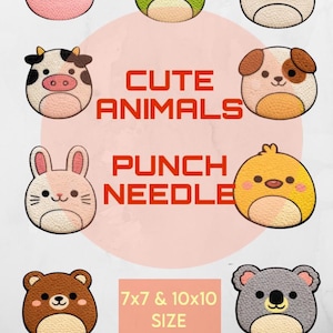May include: A collection of cute animal punch needle designs, including a pig, frog, panda, cow, dog, bunny, chick, bear, and koala. The text "CUTE ANIMALS PUNCH NEEDLE" is displayed. The designs are available in 7x7 and 10x10 inch sizes.