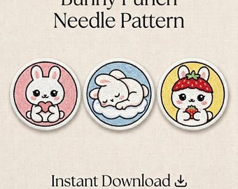 Kawaii Bunny Punch Needle Pattern Bundle | Coaster Templates | 3 Sizes Included | Beginner Friendly + Free Guide | Instant Download PDF