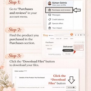 Peut inclure: Un guide pour t&eacute;l&eacute;charger des fichiers sur Etsy. L'image montre des instructions &eacute;tape par &eacute;tape avec des captures d'&eacute;cran. Les &eacute;tapes incluent la navigation vers "Achats et avis", la recherche du produit et le clic sur "T&eacute;l&eacute;charger les fichiers".