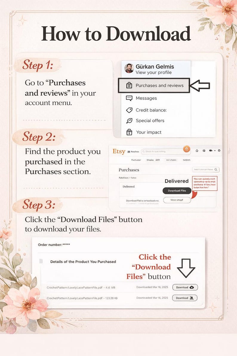 Peut inclure: Un guide pour t&eacute;l&eacute;charger des fichiers sur Etsy. L'image montre des instructions &eacute;tape par &eacute;tape avec des captures d'&eacute;cran. Les &eacute;tapes incluent la navigation vers "Achats et avis", la recherche du produit et le clic sur "T&eacute;l&eacute;charger les fichiers".
