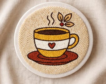 Coffee Punch Needle Pattern, Heart Coffee Cup Coaster Template, Cute Mug Design, 4 Sizes PDF, Instant Download, Beginner Friendly Free Guide