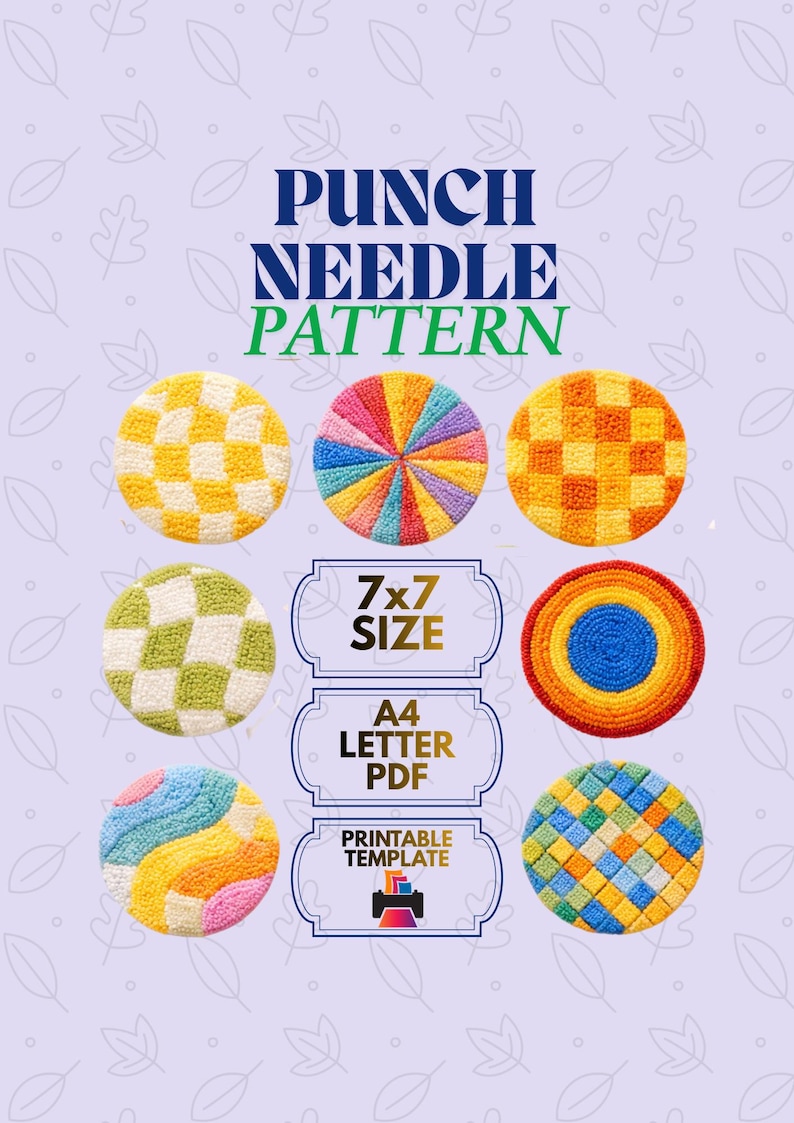 Peut inclure: Un patron de point de croix num&eacute;rique avec le texte "PUNCH NEEDLE PATTERN". L'image pr&eacute;sente des motifs circulaires color&eacute;s, notamment des motifs &agrave; carreaux et &agrave; rayures. La taille est de 17,78 cm x 17,78 cm, A4 lettre PDF, et un mod&egrave;le imprimable.