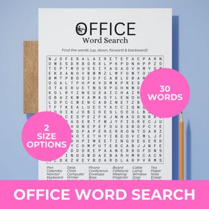 Op de afbeelding: Kantoor-thema woordzoeker met 30 woorden om te vinden. De puzzel heeft 2 maatopties en bevat woorden als "Bureau", "Stoel" en "Toetsenbord". De titel "Office Word Search" staat bovenaan en onderaan.