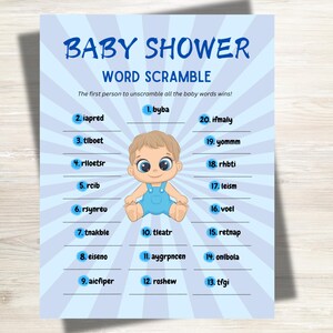 Juegos para baby shower, juegos imprimibles para baby shower, rompecabezas de palabras para baby shower, juego para revelar el género del bebé, baby shower para niño, tamaño de letra de EE. UU.