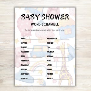 Baby Shower Word Scramble, Gry Baby Shower do druku, Puzzle słowne Baby Shower, Gra neutralna pod względem płci, Natychmiastowe pobieranie, Litera US, JPG