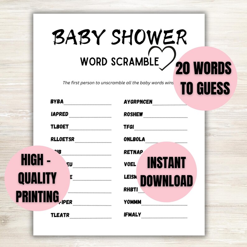 Baby Shower Word Scramble, Baby Shower Games, Baby Shower Printable, Gender Reveal Game, Ink ...
