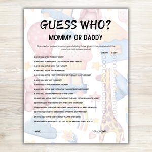 Zgadnij, kto to jest mama czy tata, gra na baby shower, gra na baby shower, gra mama czy tata, ciekawostki na baby shower, quiz na baby shower, wydrukowany plik pdf